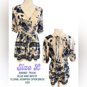 Blue and white floral open background romper